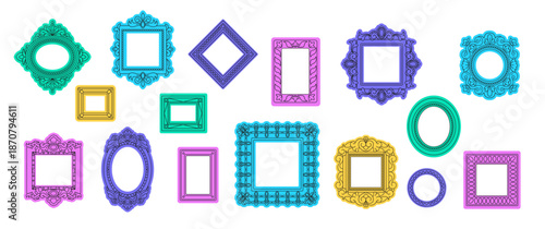 Vintage frame. Antique painting border. Museum gallery photo or mirror. Retro art picture. Classic mirror trim. Ornate decor element. Elegant frameworks different form. Vector doodle tidy isolated set