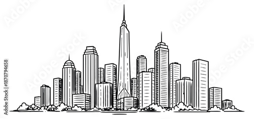 Hand drawn line art illustration of a city skyline depicting modern buildings and skyscrapers for urban design projects