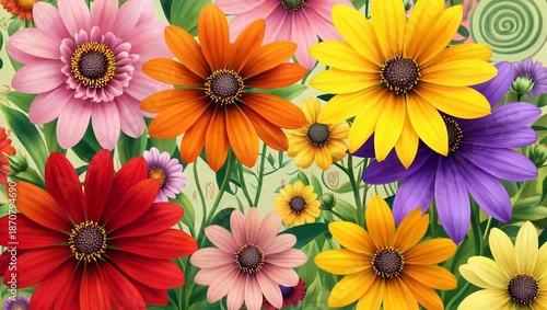 Wallpaper Mural A vibrant watercolor painting featuring a variety of colorful daisy-like flowers in full bloom. Torontodigital.ca