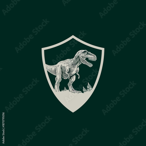 T rex dinosaur illustration within a shield symbol on dark green background