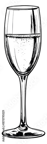Hand drawn line art illustration of a champagne flute depicting sparkling wine for a celebration