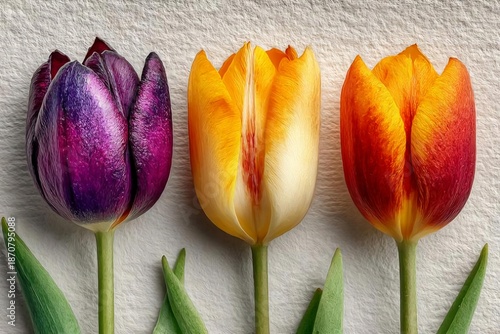 Vibrant Tulips in Purple, Yellow, and Orange Against Textured Background