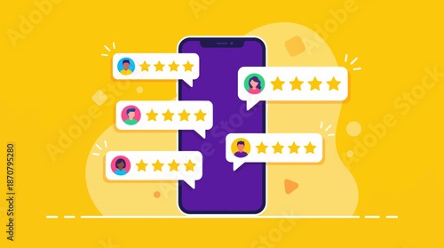 Bright yellow background with a purple smartphone surrounded by review bubbles and star ratings, illustrating mobile app ratings and user feedback.