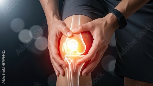Wallpaper Mural Person suffering from knee pain, highlighting the joint with a glowing effect, indicating discomfort and injury. Torontodigital.ca