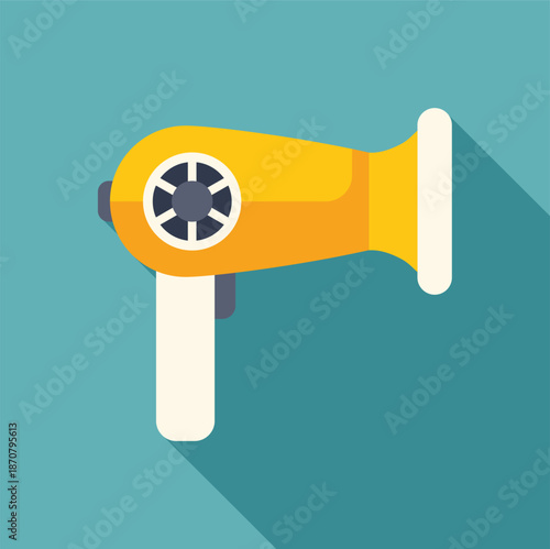 Hair dryer flat icon showing an appliance for hair care and beauty on a blue background