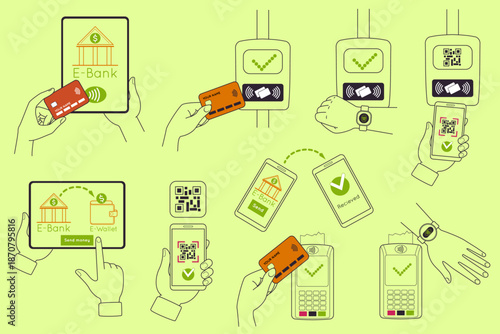 Wireless finance. Cashless payment. Contactless transaction. Mobile money. Bank transfer. POS system. Phone QR. Credit card terminal. Pay for purchase at cashier. Vector digital banking concepts set
