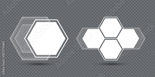 Abstract white hexagon banner set with glowing outlines and translucent overlays for futuristic technology presentations and digital user interface graphic design.