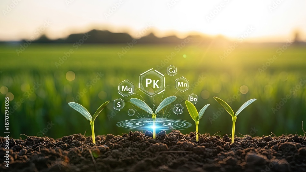 custom made wallpaper toronto digitalSeedlings with NPK and trace element icons, smart farming concept.
