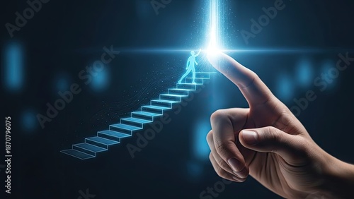 Wallpaper Mural Hand touching glowing stairs leading to bright light with person climbing. Torontodigital.ca