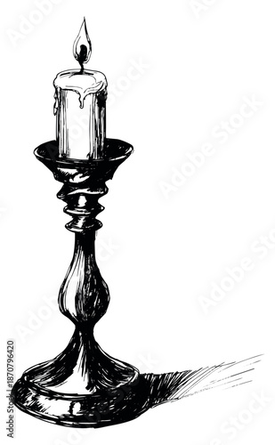 Hand drawn line art illustration of a burning candle on a candlestick depicting melting wax for a traditional theme