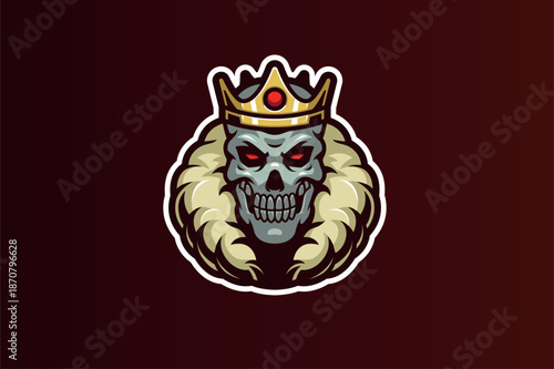 Intimidating Skeleton King Mascot Logo with Golden Crown and Fur Collar - Undead Skull Vector Illustration for Esports Gaming Teams and Horror Branding