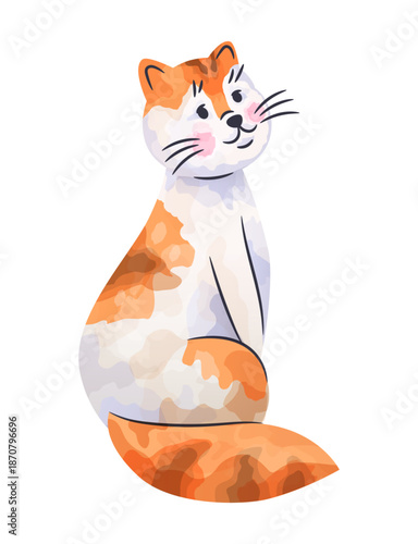 Cute cat. Red fluffy pet. Watercolor drawing graphic. Domestic animal. Feline mammal breed. Color sketch print. Adorable happy kitten. Isolated cartoon pussycat. Kitty sit pose. Vector color sketch
