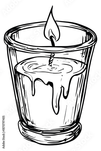 Hand drawn line art illustration of a candle in a glass depicting a burning wick and melting wax for a cozy home ambiance