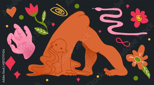 Cubism drawing. Abstract flowers and snake. Naked boy pose. Hand gesture. Doodle color blossoms. Cartoon man position. Space stars. Fantasy character. Surreal imagination. Vector graphic elements set