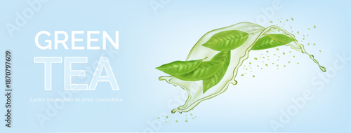 green tea banner. Horizontal background with leaves in water swirl. Realistic isolated elements. Fluid flow in motion. Transparent hot beverage splash and drops. Healthy drink. Vector illustration