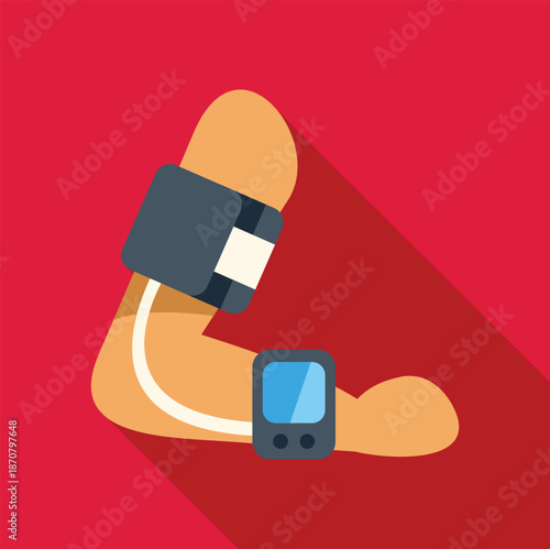 Arm checking blood pressure with a digital blood pressure monitor on a red background