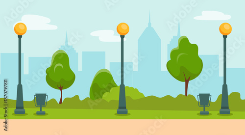 City park. Urban street garden with dustbin and light lamp. Summer landscape. Town skyline. Grass lawn. Plant trees and bushes. Forged flashlights. Public walkway. Vector empty cityscape background