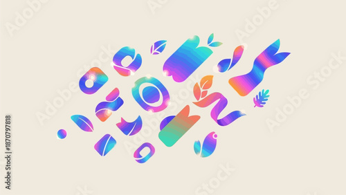 Vibrant abstract shapes in a colorful composition on a neutral background viewed from directly above.