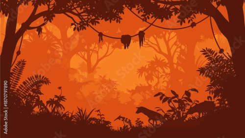 Silhouetted forest scene with animals and trees at sunset viewed from a distance