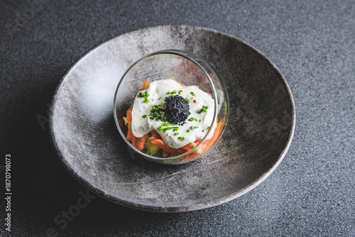 Kiwi salmon cream cheese and lumpfish roe verrine in studio