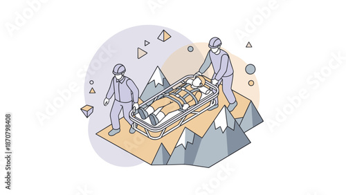 Mountain rescue team carrying injured person on stretcher emergency situation.