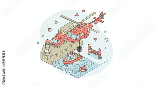 Red helicopter and rescue boat illustration isometric view ready for action.