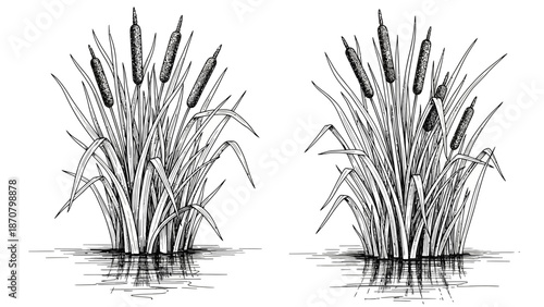 Detailed black and white illustration of cattails in water from a front viewpoint