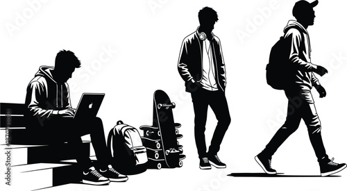 Minimalist businessman working on laptop, freelance concept, flat design