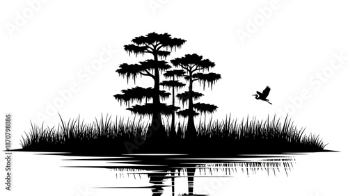 Serene wetland landscape with trees and bird in flight over calm waters