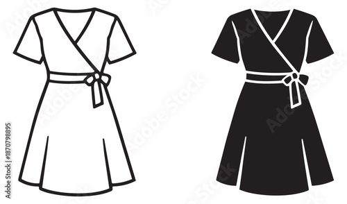 Line art and silhouette wrap dress set featuring a v-neck, short sleeves, and a tie-waist for fashion and apparel