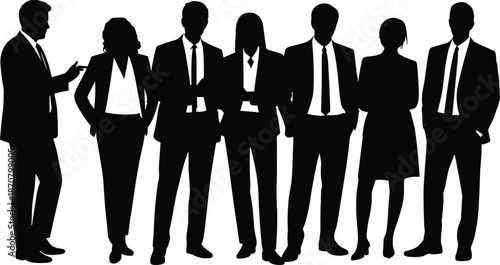 Seven business people standing in a row wearing formal attire in black and white silhouette style