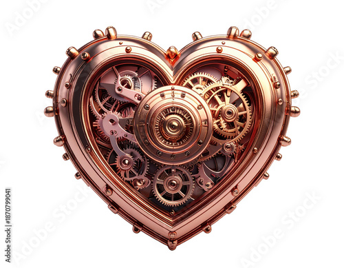 3D antique clockwork mechanism in the shape of a rose gold heart,white background