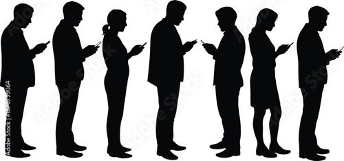 Seven people standing in line using smartphones and holding documents in a queue