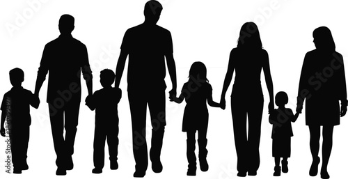 Silhouette of a family of eight holding hands in a line against a white background eight people