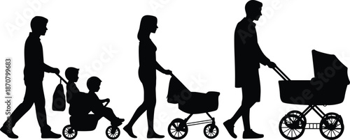 Silhouette of a family with children and baby strollers walking together