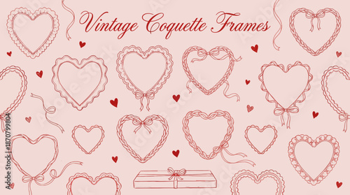 Vintage Coquette Frames with Pink Hearts and Lace: A Romantic Scrapbooking Background for Invitations, Weddings, and Soft Feminine Design