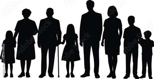 Silhouette of a multi-generational family standing together in a line on a white background parents