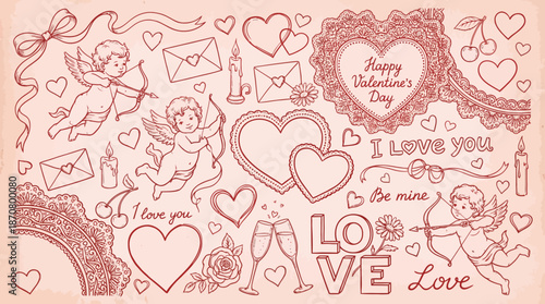 Whimsical pink Valentine doodle collage featuring hearts, Cupid, couples, and love quotes for romantic cards and greeting designs