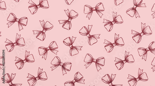 Pastel pink seamless pattern featuring hand-drawn bows, soft feminine background for textiles and design