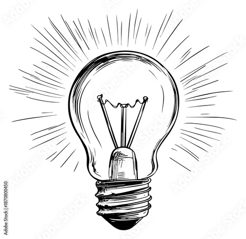 Hand drawn illustration of a light bulb depicting glowing light rays for innovation and ideas
