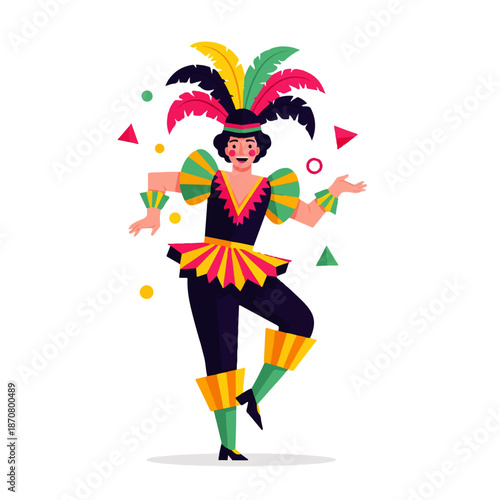 A joyful person in a vibrant, feathered carnival costume dances with enthusiasm, celebrating a festive event.