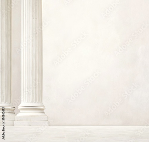 Pristine white fluted columns rising from marble floor, framing architectural elegance against textured wall backdrop