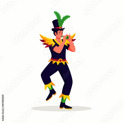 A vibrant illustration of a man in a festive carnival costume with a feathered top hat, playing a wind instrument. Perfect for holiday and celebration themes.