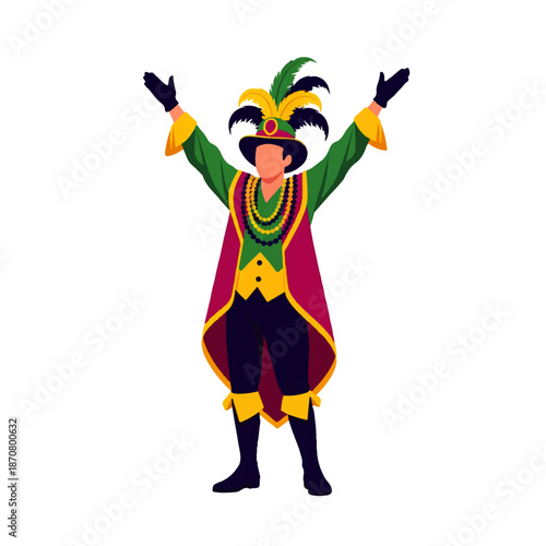 A vibrant illustration of a person in a festive Mardi Gras costume with a feathered hat and colorful beads, celebrating with raised arms on a white background.