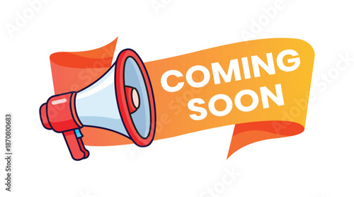 "Coming Soon" E-Commerce Ribbon Badge with Megaphone, Orange Gradient Flat Style, Product Launch Banner, Web Shop Promotional Element, Editable Vector File