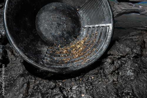 Gold sand panning from placer deposit, small pieces of gold nuggets in the pan near the water by the river
