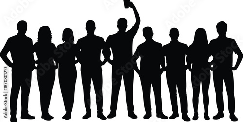 Silhouette of diverse group of people standing together with one person raising an arm 1