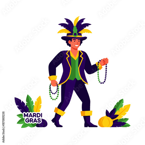 A man dressed in a festive purple, green, and gold Mardi Gras costume, holding colorful beads and wearing a feathered hat. This vibrant illustration captures the spirit of the celebration.