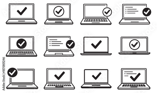 Line art laptop icons set featuring checkmark and approval symbols for status and completion messages