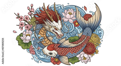Mythical dragon koi fish illustration surrounded by cherry blossoms and colorful flowers